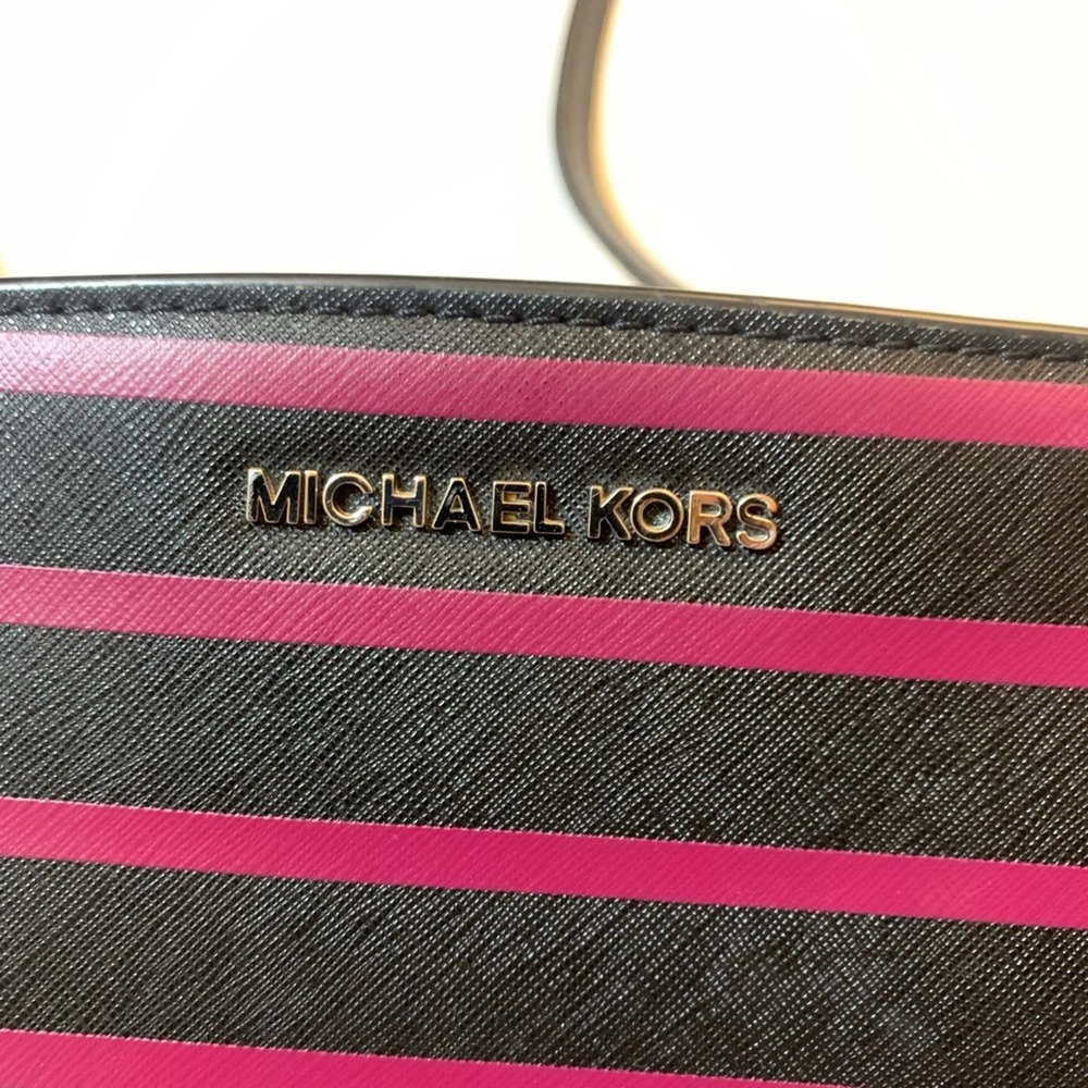 Michael Kors Mini Bag Striped Crossbody Black Violet Messenger Selma - Picture 2 of 14